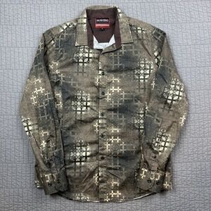 Y2K‎ Montero Shirt Men's Large Brown Button Up Grunge Rockabilly Cross AOP